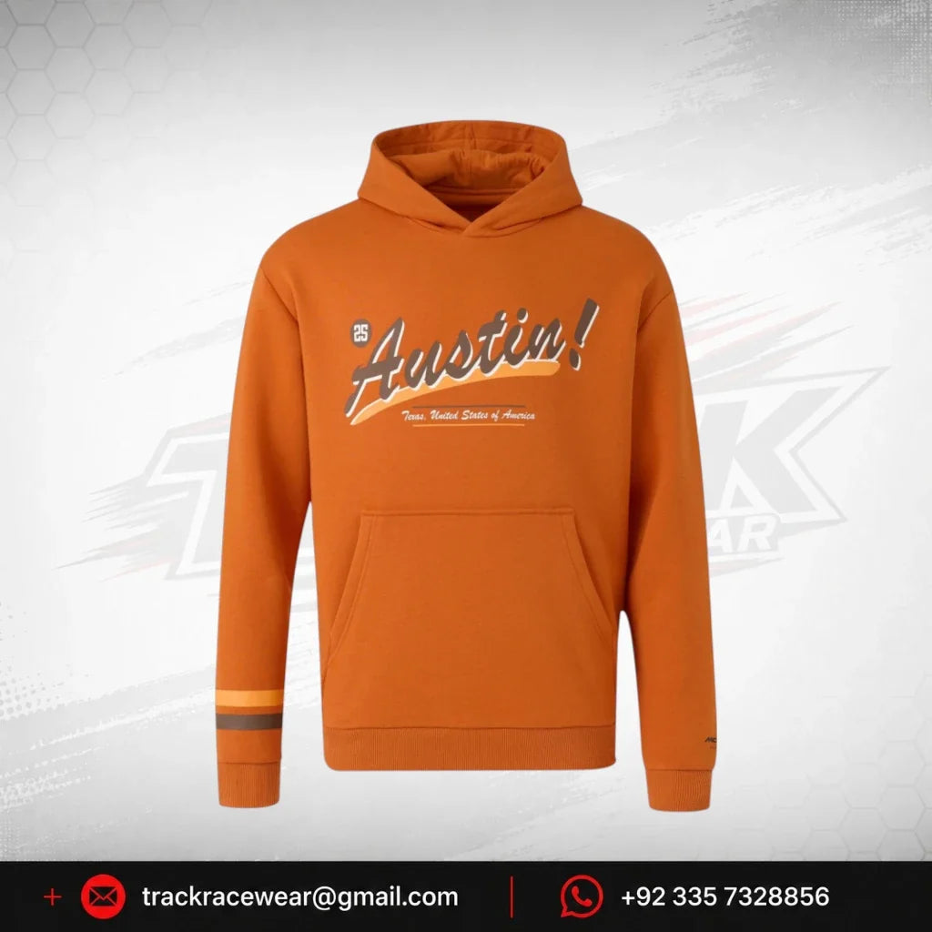 McLaren F1 Austin GP USA Hoodie – Burnt Orange Stripe Sleeve Racing Hoodie