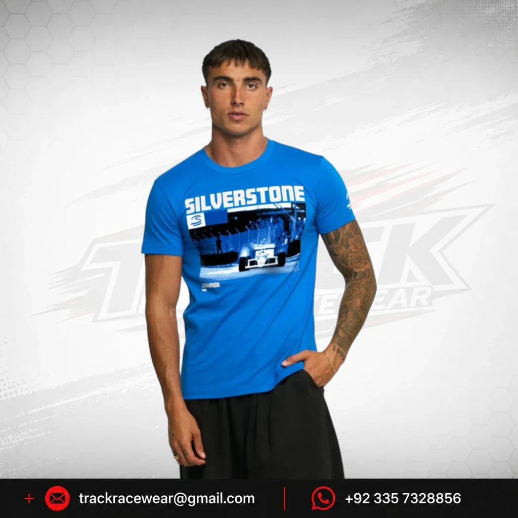 Ayrton Senna F1 Silverstone Circuit Graphic T-Shirt - Blue